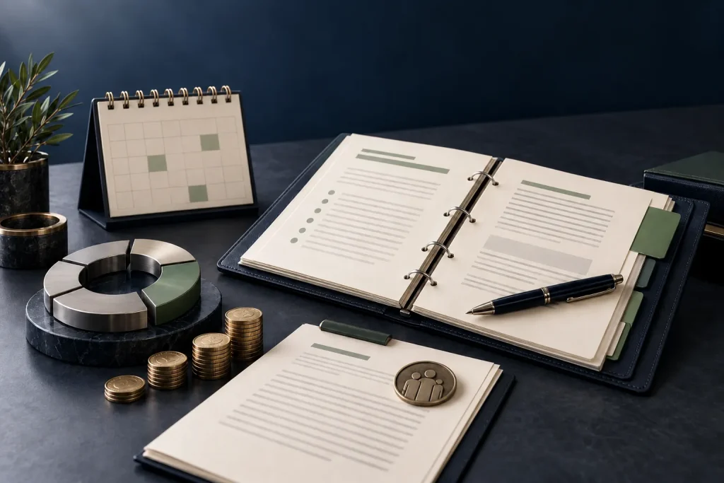 Mesa de trabalho com calendário, documentos e gráfico de alocação, representando a política de investimentos do RPPS