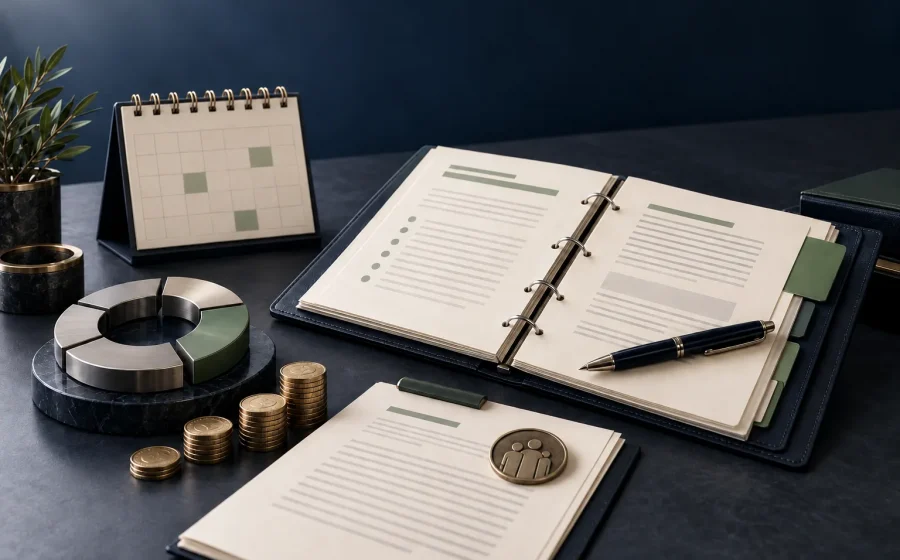 Mesa de trabalho com calendário, documentos e gráfico de alocação, representando a política de investimentos do RPPS